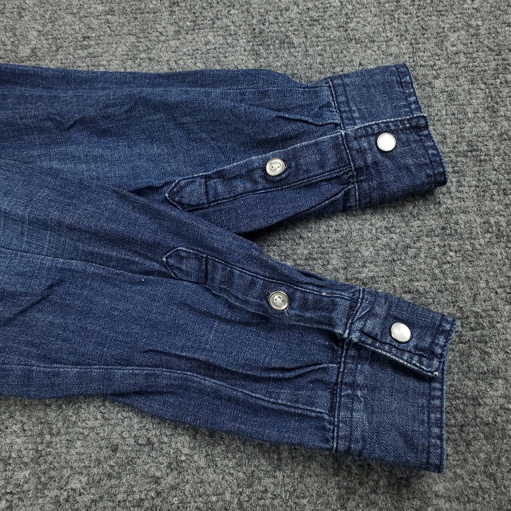 GH Bass Denim Western Jean Shirt Womens Small Pearl Snap Distressed Ranch Rodeo - Picture 8 of 10